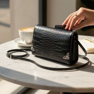 Brighton Black Leather Croc Embossed Crossbody Organizer Wallet Bag Filigree